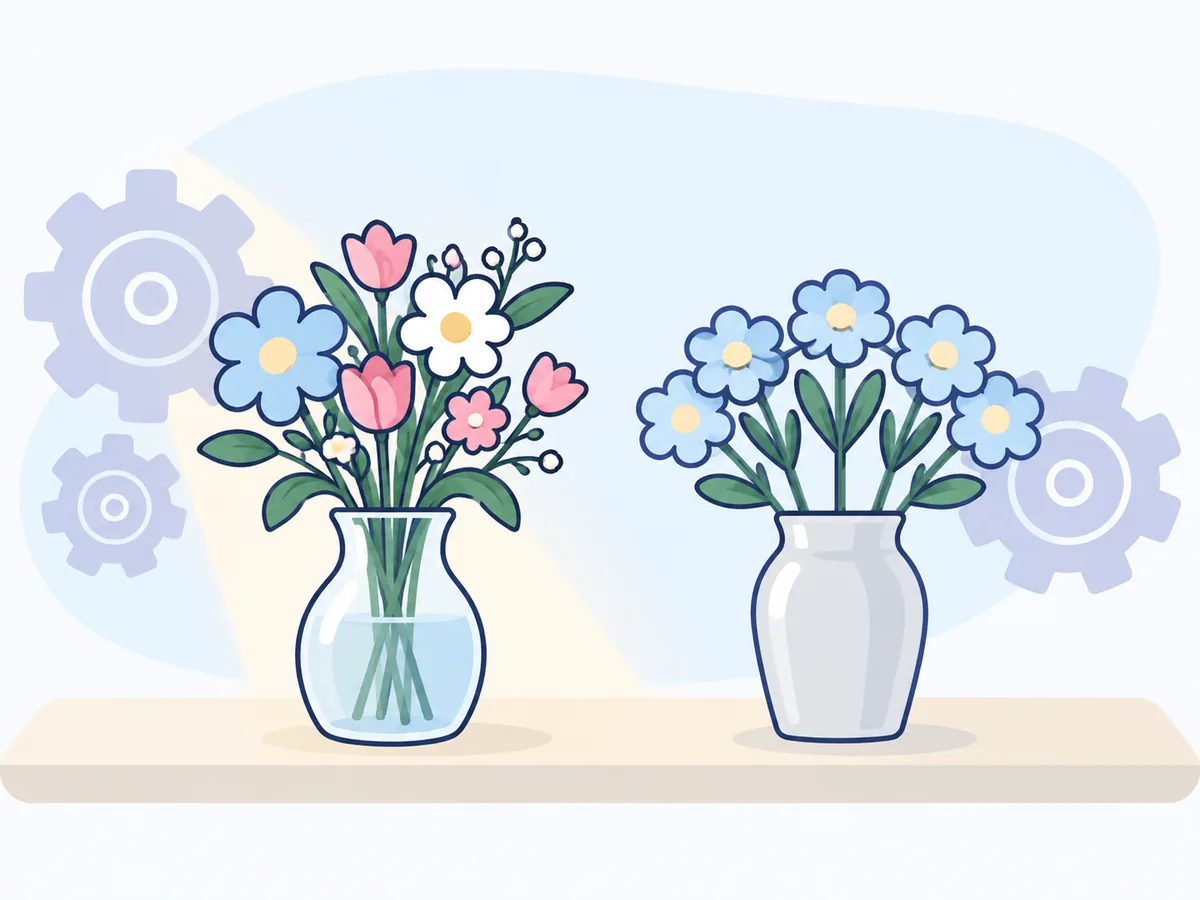 窓辺の木の台に、左には摘んだばかりの生き生きとした本物の花の花瓶、右には形がそろいすぎた光沢のある造花の花瓶が並び、左側にだけ暖かい光が当たっているイラスト